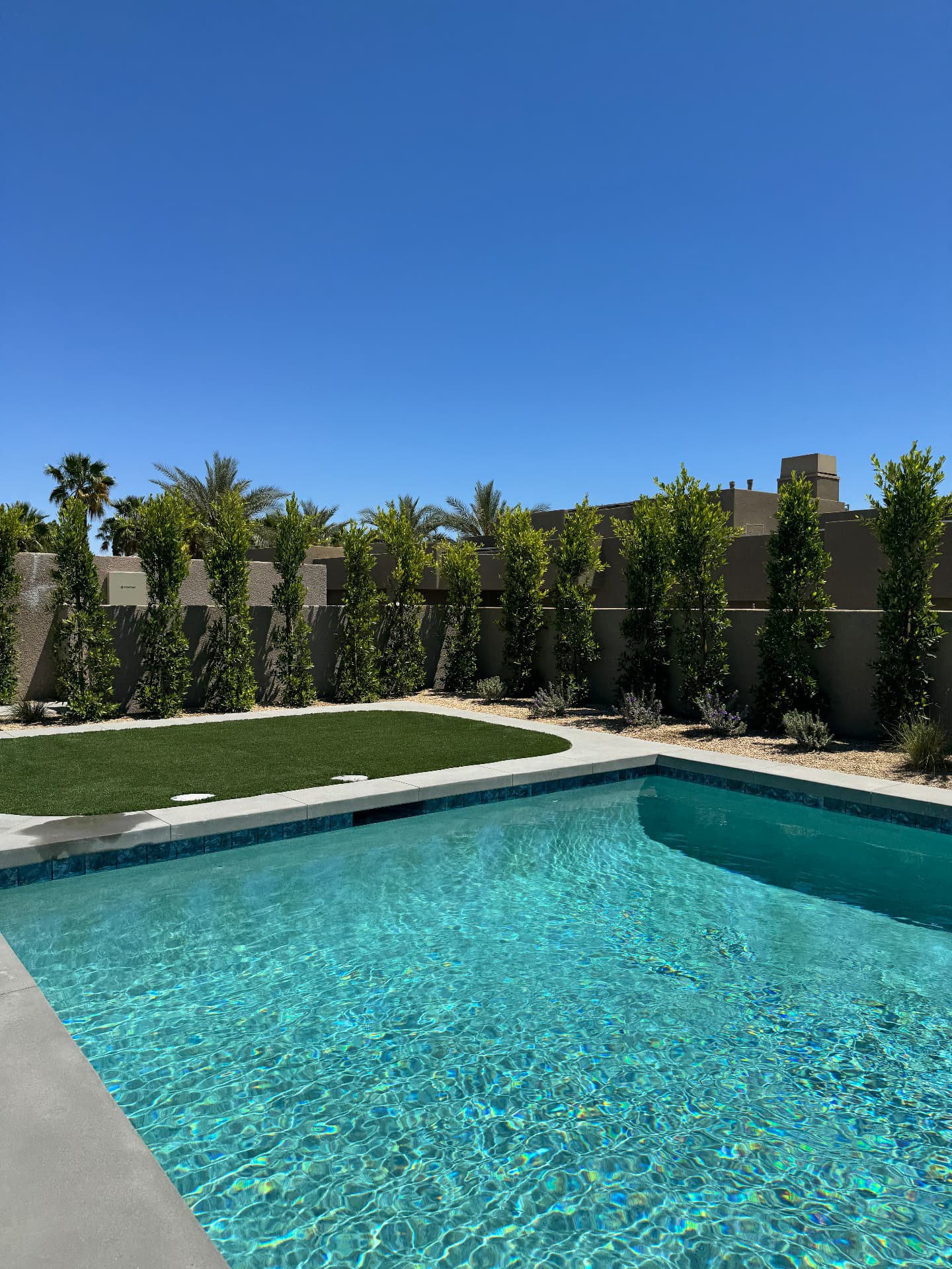 Pool with a hedged privacy border and artificial turf
